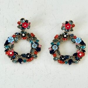 J Crew large statement dangle pierced earrings with rhinestones in red blue gree